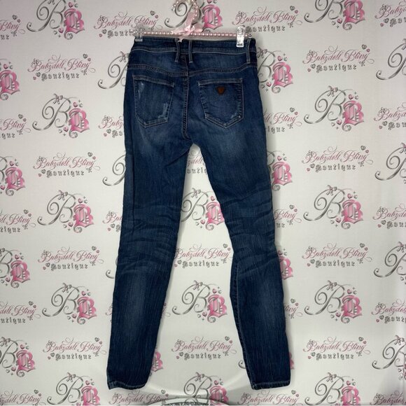 Guess jeans denim triangle logo pocket dark wash skinny straight Women's Blue - Picture 2 of 6